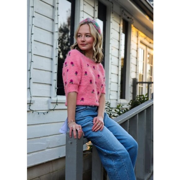 FREE PEOPLE Winter Blooms Appliqué Short Sleeve Sweater in Quartz Pink Combo - Picture 2 of 7